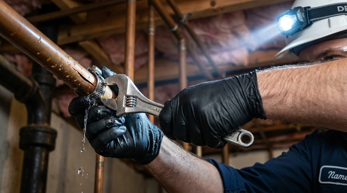 Emergency pipe clamp repair being performed by a Johns Plumbing LLC plumber in Borger