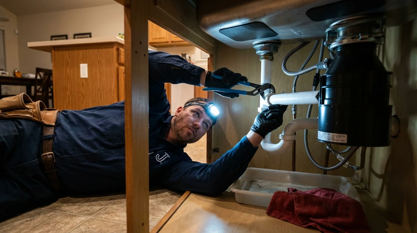 P-trap and supply line connections under a kitchen sink showing a common leak point in Borger, TX